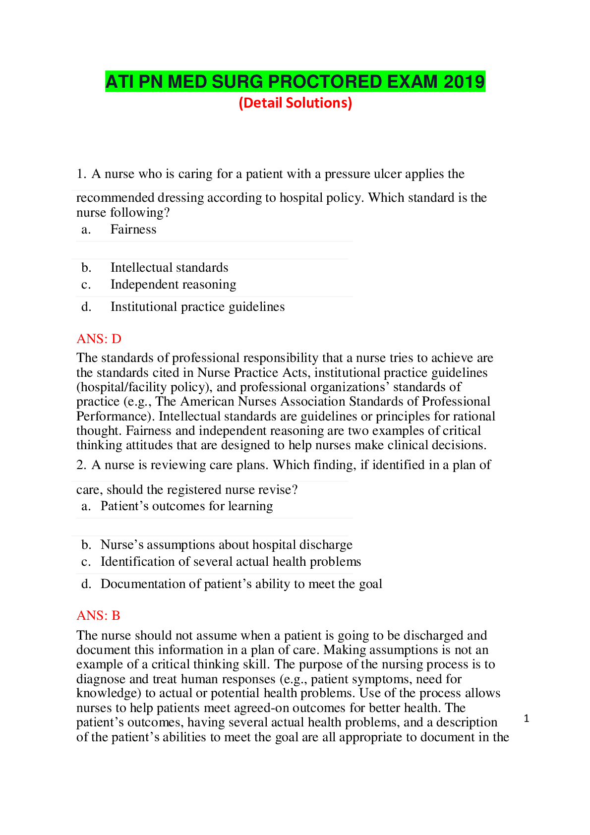 Preview image for ATI PN MED SURG PROCTORED EXAM 2019 complete solutions